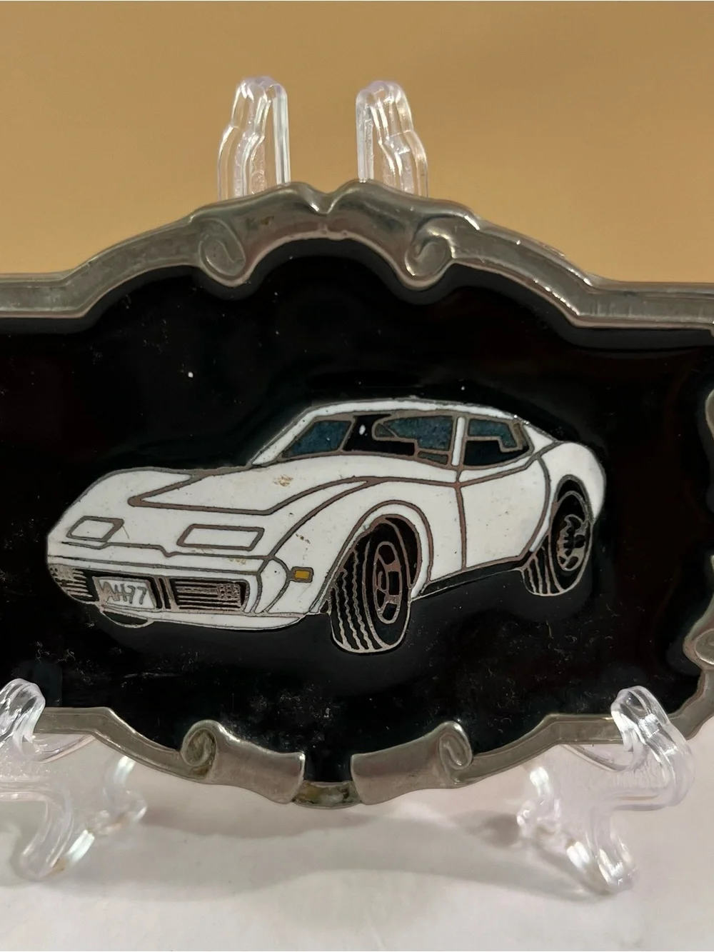 Source Unknown White Corvette Belt Buckle with Black Enamel